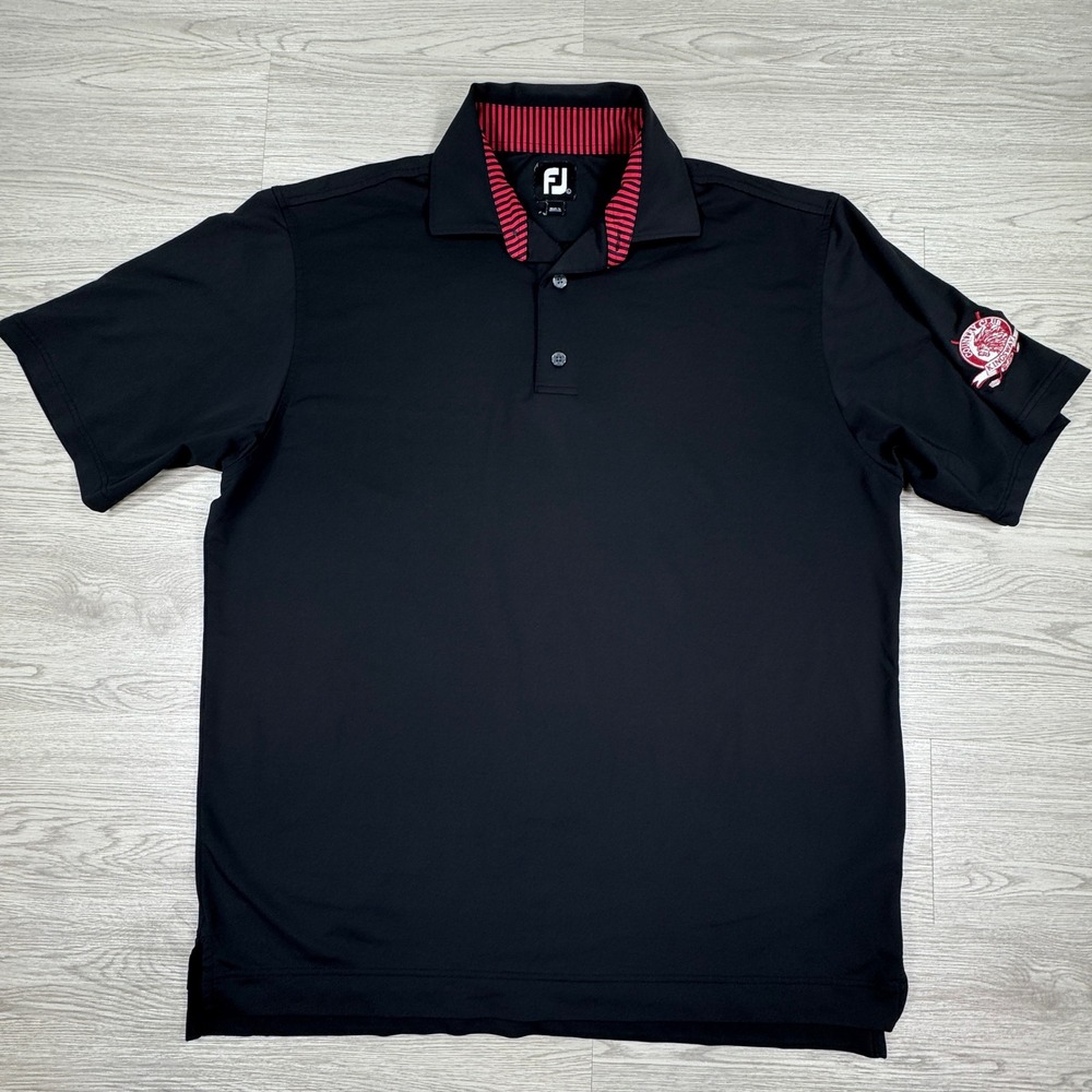 FootJoy Mens Polo Country Club Logo Golf Shirt Black Large Striped Collar